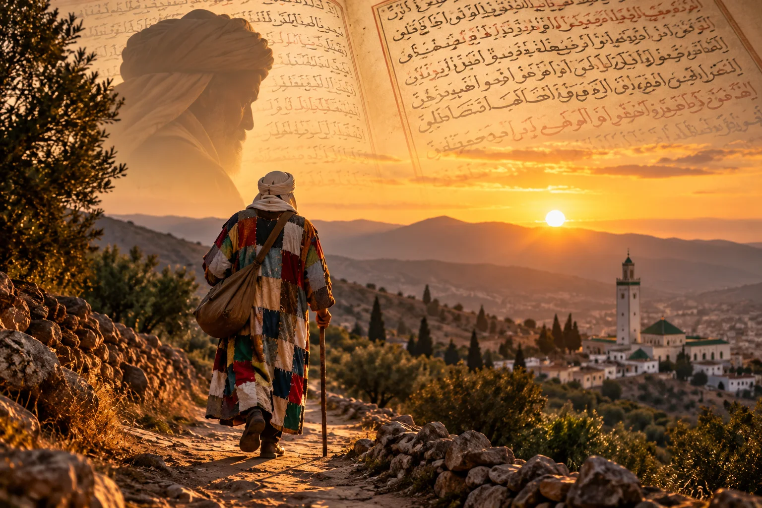 Le marcheur en habit rapiécé sur un chemin, devant un livre ouvert, au coucher du soleil