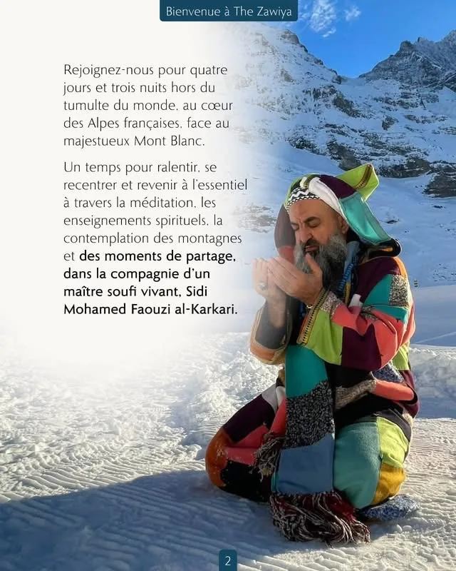 Le Shaykh en invocation dans la neige, face aux montagnes