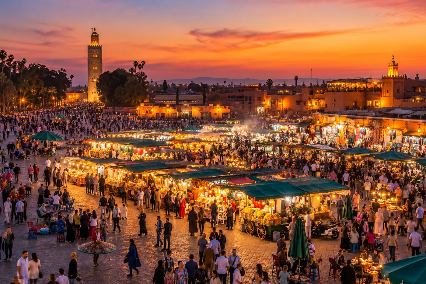ساحة جامع الفنا في مراكش عند الغروب