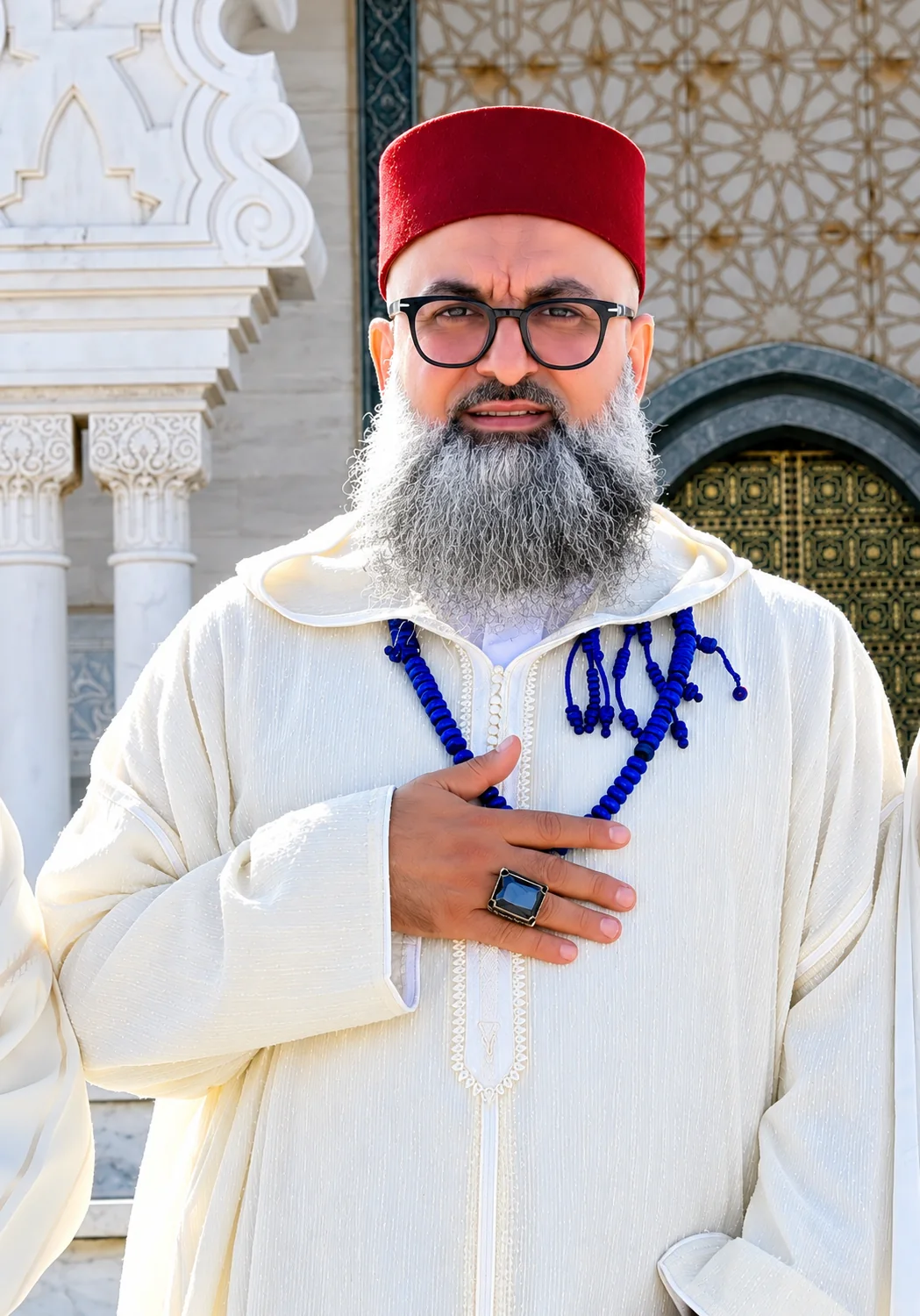 Le Shaykh Mohamed Faouzi Al Karkari en djellaba blanche et chéchia rouge